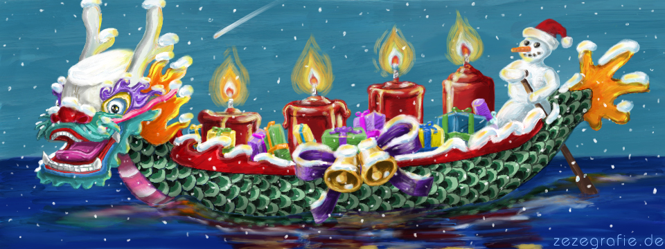 Illustration 4 Advent Drachenboot Schneemann Geschenke Weihnachten