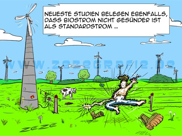 Cartoon Bio Oekostrom Windrad Pinkeln Elektrozaun Stromschlag