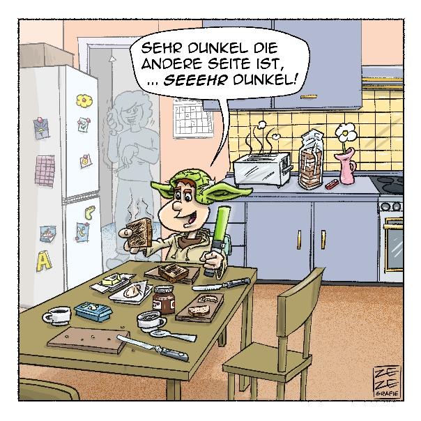 Cartoon Joda Fan beim Frühstück