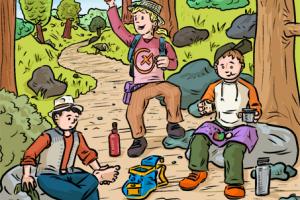 Illustration Suchbild Geocaching GPS Rast Pause Wald Orientierung Kinder 